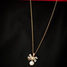 JEWELSCAPE Stainless Steel Gold-Plated Stones & Pearls Studded Bow Pendant & Chain-image-42