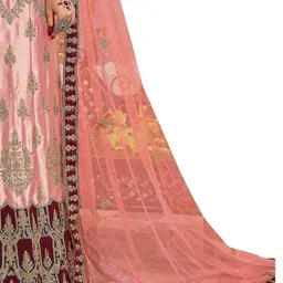 MANVAA Peach-Coloured & Maroon Embroidered Thread Work Semi-Stitched Lehenga & Unstitched Blouse With Dupatta image 2