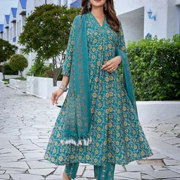 ODETTE Floral Printed V-Neck A-Line Kurta With Trousers & Dupatta-21