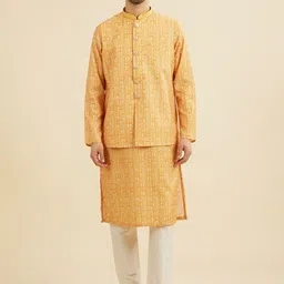 Manyavar Art Silk Thread Work Mandarin Collar Straight Kurta With Trousers And Jacket-image-23