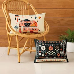 STITCHNEST Navy Blue & Off White 2 Pieces Printed Satin Rectangle Cushion Covers-9
