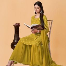PARROT CREATION Geometric Embroidered Georgette Straight Kurta With Sharara And Dupatta image 4