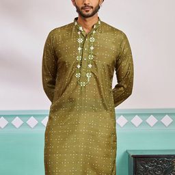 VASTRAMAY Bandhani Printed Mandarin Collar Mirror Work Cotton Silk Straight Kurta-image-16