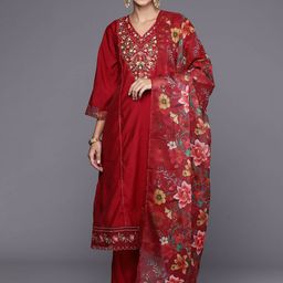 Indo Era Floral Embroidered V Neck Panelled A-Line Kurta With Trousers & Dupatta-image-49