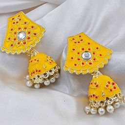 Saizen Gold-Plated Artificial Stones Studded And Beaded Meenakari Dome Shaped Jhumkas-image-16