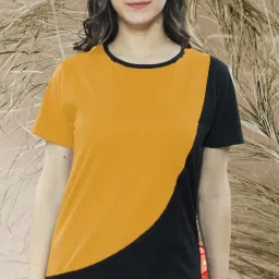 Women Colorblock Round Neck Cotton Blend Yellow T-Shirt-image-77