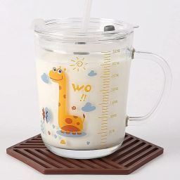 Milk mug for Kid 350 ml Design Glass Straw Measuring Drinking Mug Glass Water/Juice Glass-image-45