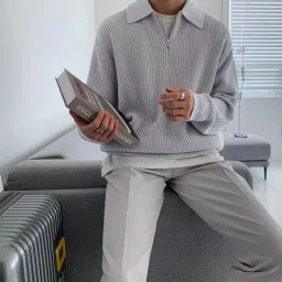 Men Solid Collared Neck Grey Sweater-image-35