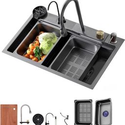 30X18X9 Waterfall Kitchen Sink with Integrated Pull Down Faucet Waterfall Sink Stainless steel Matt Finish_A153 Vessel Sink-image-26