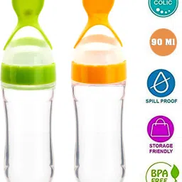 Infant Baby Squeezy Food Grade Silicone Bottle Feeder with Soft Silicon|Spoon Feeder|Ceralac Feeder|Rice Paste Milk Food Feeder 90 ML (Squeezy Feeder - Yellow & Green) (Pack of 2)- Silicone-25
