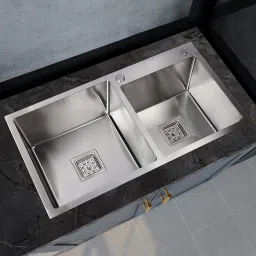 32 X 18 X 10 Handmade Kitchen Sink Tap Hole Silver Double Bowl Sound Proof Matt Finish Stainless Steel_A183 Vessel Sink-image-72
