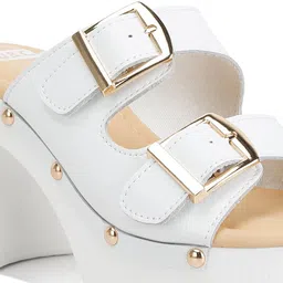 RAG & CO Open Toe Canvas Block Heels with Buckles image 3