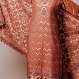 KIDAR Chevron Printed Regular Kurta with Trousers & Dupatta image 5