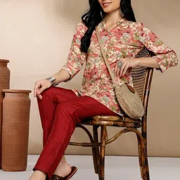 Anouk Pink & Beige Floral Printed Mandarin Collar Shirt & Mid-Rise Trouser-picture-19