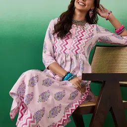 Sangria Ethnic Motifs Printed Pure Cotton Round Neck Kurta With Trousers-42