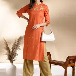 Anouk Rust Floral Embroidered Straight Kurta with Trousers-image-6
