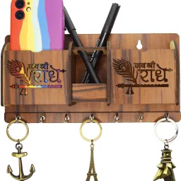 Jai Shree Radhey wooden Key Holder With Two Mobile Pocket and pen holder Wood Key Holder-11