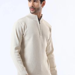 Men Solid High Neck Beige Sweater-image-30