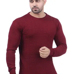 feverfew Men Self Design Round Neck Maroon Sweater-picture-18