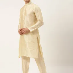 SOJANYA Men Cream Kurta with Churidar & Nehru Jacket image 5