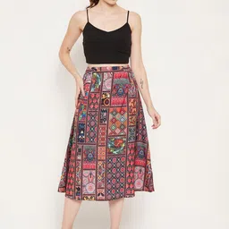 Bitterlime Black & Red Printed A-Line Midi Skirt image 5