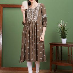 Globus Taupe Ethnic Motifs Embroidered Thread Work Anarkali Kurta-image-48