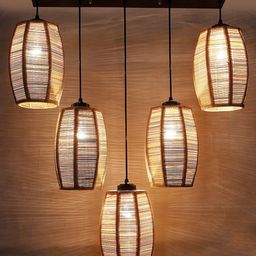 Devansh Beige & Black Textured Dholak Bamboo Ceiling Lamp image 5