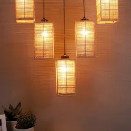 Devansh Beige & Black Textured Square Bamboo Ceiling Lamp image 4