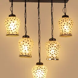 Devansh White & Transparent Textured Glass Quintuple Hanging Lamp image 3
