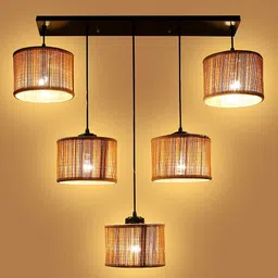 Devansh Beige & Black Textured Round Bamboo Quintuple Hanging lamp image 5