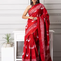 TROPWEAR Geometric Printed Pure Cotton Jaipuri Mulmul  Block Print Saree image 5