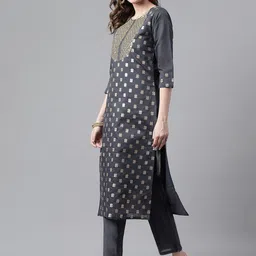 RAJGRANTH Grey & Gold Floral Woven Design Sequinned Kurta With Trousers & Dupatta image 4