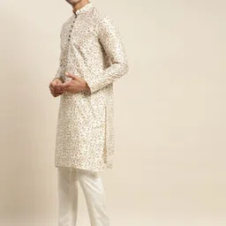 SOJANYA Men Cream-Coloured Ethnic Printed Kurta & Churidar Comes with a Nehru Jacket image 4