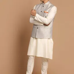 VASTRAMAY Men Grey & Cream Layered Kurta with Pyjama image 2