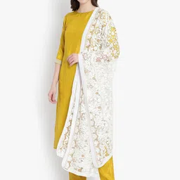 heemara Women Mustard Yellow Silk Chiffon Kurta with Trousers & With Dupatta image 2