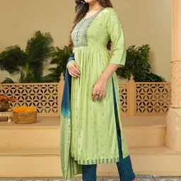 KALINI Floral Printed Regular Thread Work Kurta With Trousers & Dupatta image 2