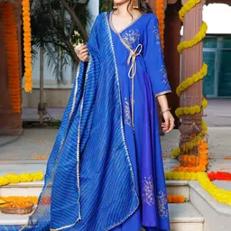 Indi INSIDE Floral Block Printed Angrakha Gotta Patti Kurta with Trousers & With Dupatta image 2