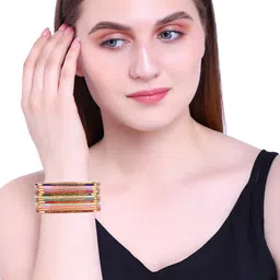 FEMMIBELLA Set Of 12 Gold-Plated Red & Blue Square Shaped Meenakari Bangles image 2
