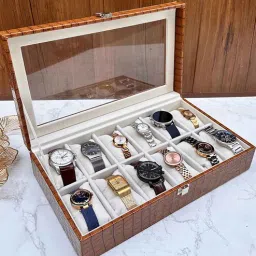 la trove Brown 12 Slot Watch Display Box Case Organiser With Glass Top-picture-18