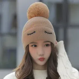 Women's stylish winter woolen cap soft warm fur inside pom-pom on top for girls Woven Beanie-image-40