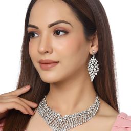 Yellow Chimes Silver-Plated White Crystal-Studded Jewellery Set-22