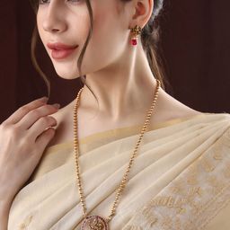 Priyaasi Gold-Plated Stones Studded & Beads Beaded Temple Necklace With Earrings-image-93