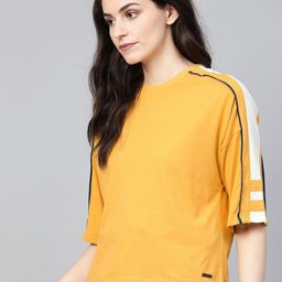 roadster Women Colorblock Round Neck Pure Cotton Yellow T-Shirt-picture-44