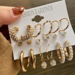 Combo 9 Pair Stunning White Gold Plated Pearl Alloy Hoop Earring-image-65