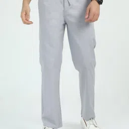Men Relaxed Light Blue Linen Blend Trousers-image-7