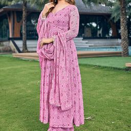 CHANSI Floral Printed V-Neck Regular Kurta with Palazzos & Dupatta image 3