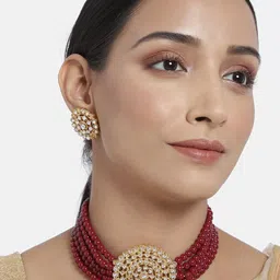 I Jewels Red Gold Plated Beaded Choker & Earrings Jewellery Set-34