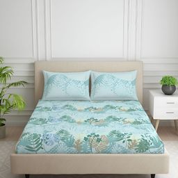 SPACES Blue & Green Floral Printed 130 TC Queen Bedsheet with 2 Pillow Covers-13