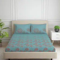 SPACES Blue & Brown Floral Printed 144 TC Queen Bedsheet with 2 Pillow Covers-image-80