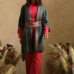 KHALEEJ Women Checked Asymmetric Closure Longline Open Front Jacket image 5